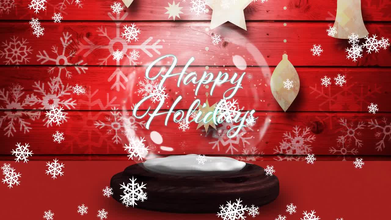 ⁇ 은 배경에 떨어지는 스노우 글로브, 떨어지는 별 및 눈에 행복한 휴일 텍스트의 애니메이션