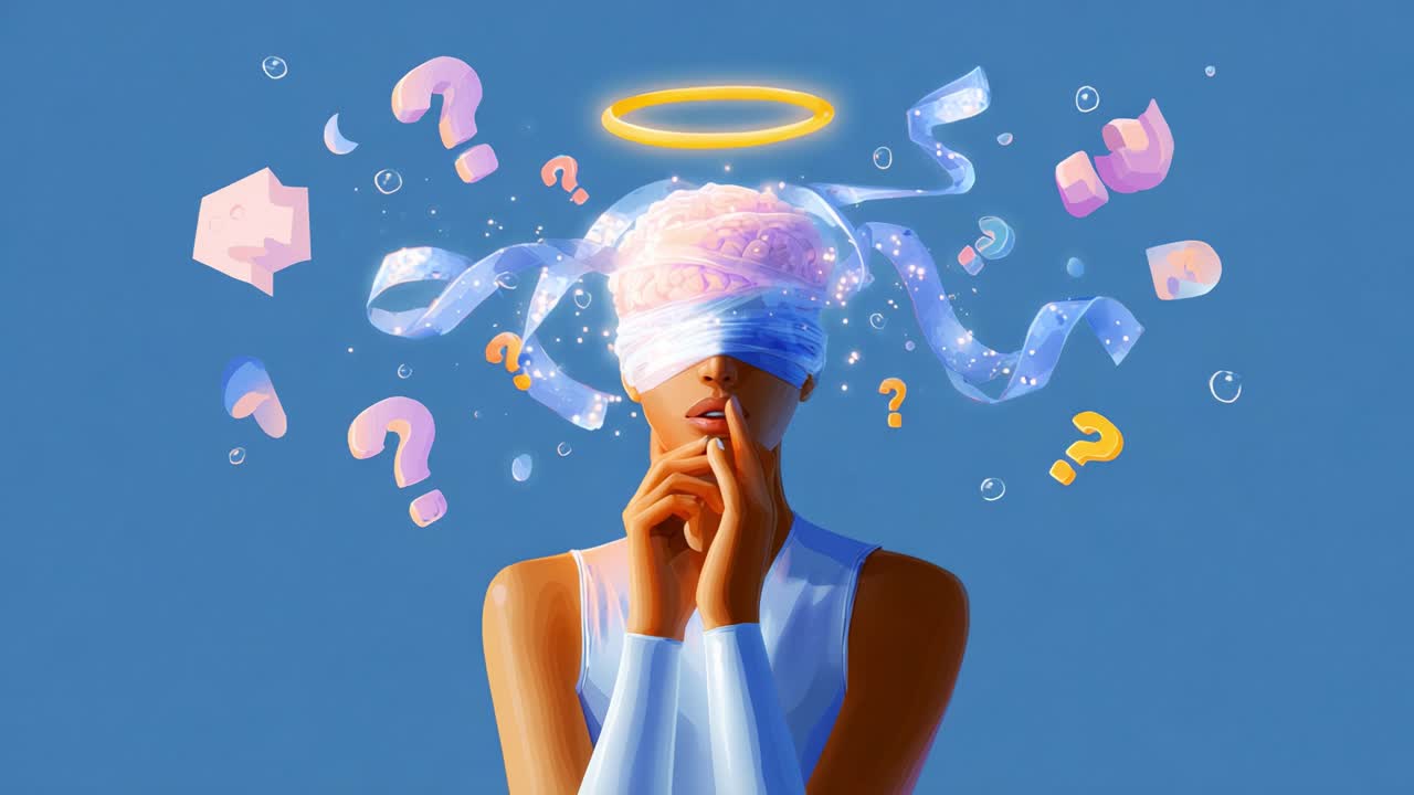 A Thoughtful Character Mysteriously Contemplating Life with a Blindfold and Floating Symbols Against a Blue Background, Illustrating Themes of Curiosity and Wonderment