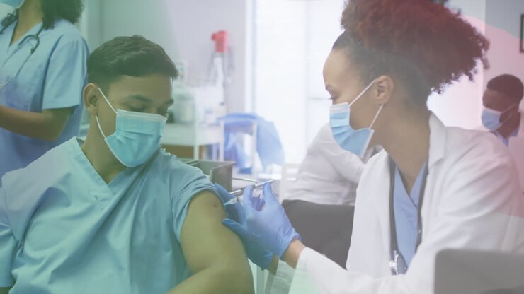 Animation of flag of italy with female doctor in face mask giving covid vaccination to male patient