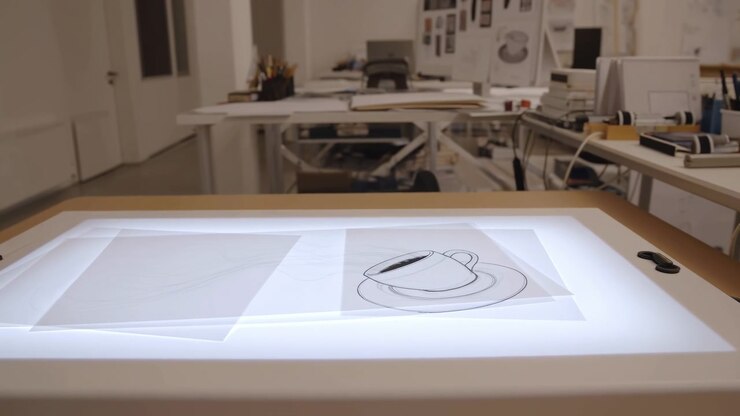 Layered drawing sheets rest on glowing work surface with outlined circular forms clearly visible, while tables, documents, containers, and equipment fill softly lit room.