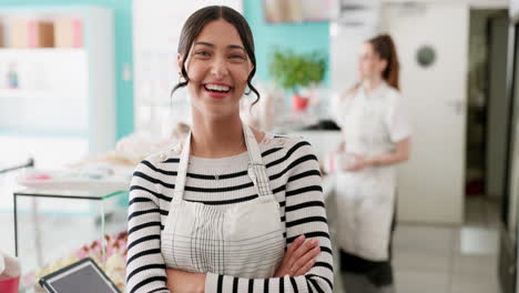 Happy,-waitress-and-bakery-with-face-of-woman