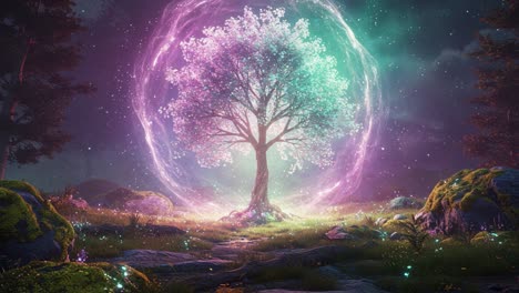 a magical tree surrounded by a radiant aura: an enchanting journey through a colorful fantasy landscape captured in two transformative frames