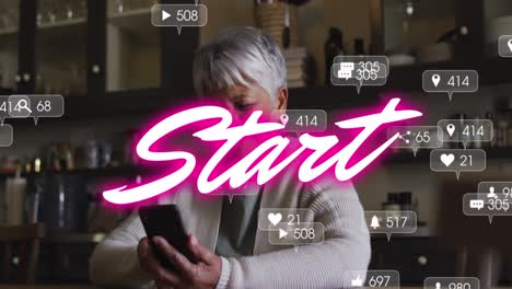 animation of text, start, with social media notifications over happy woman using smartphone in shop