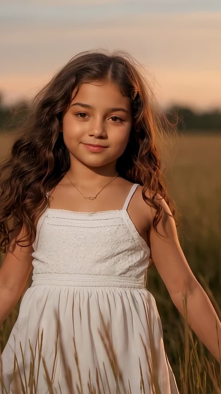 Vídeo vertical: niño posando con un vestido blanco y un colgante para un retrato al atardecer en un prado con el viento moviendo su pelo
