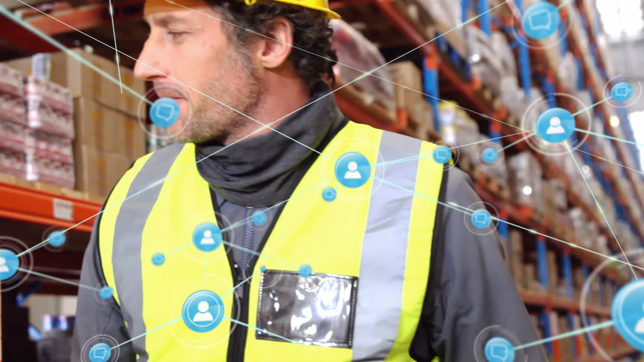 창고에서 일하는 사람들에 대한 아이콘과 연결 네트워크의 애니메이션