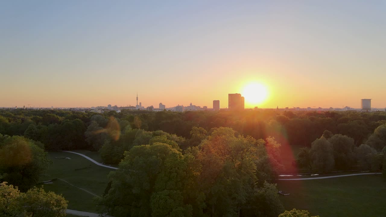 Fly up at Munich English Garden with Munich Skyline