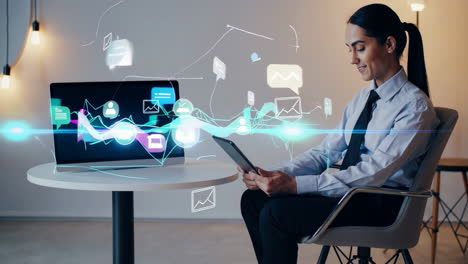 woman interacting with futuristic digital business interfaces and data visualizations