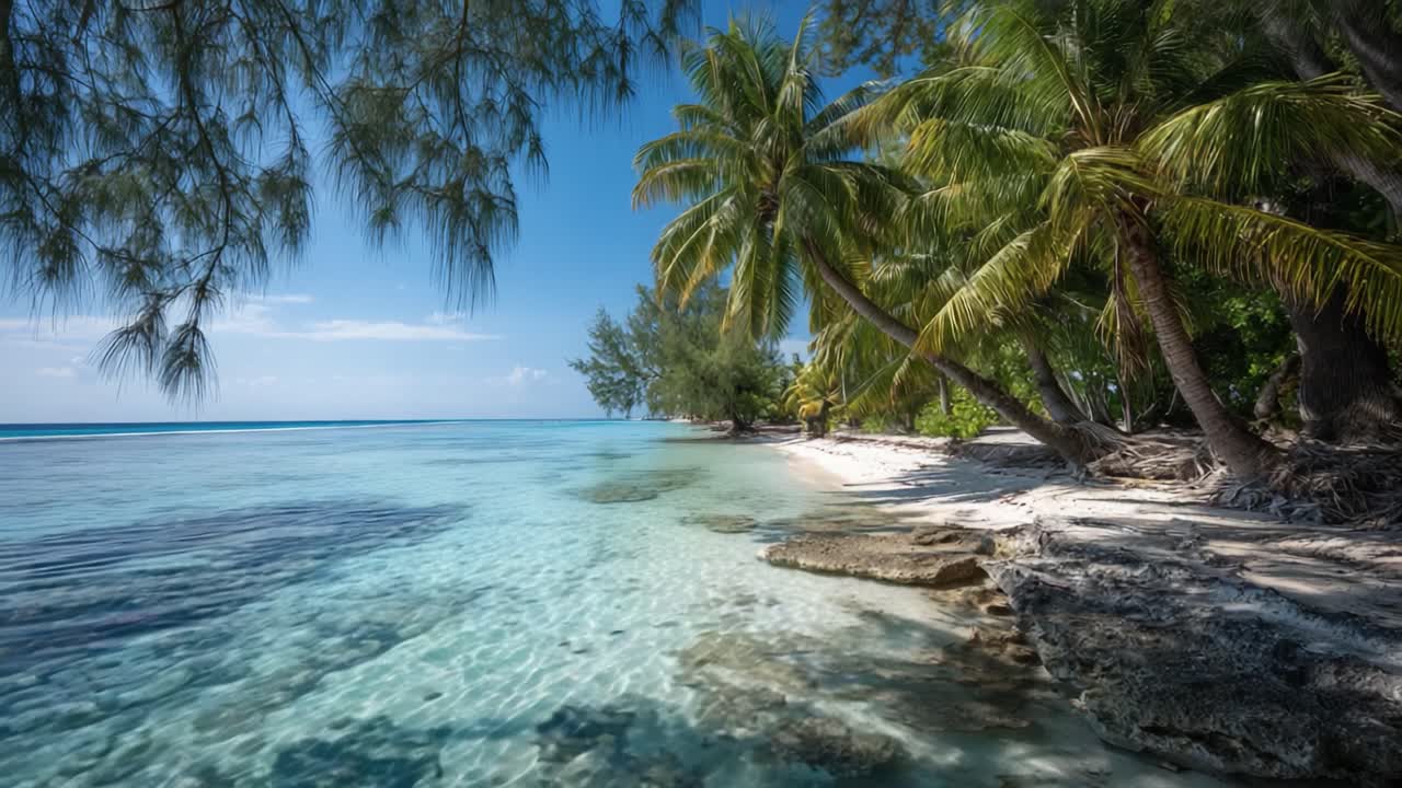 Häpnadsväckande tropisk havsutsikt som visar kristallklart vatten och frodiga palmer under en klarblå himmel i ett rofyllt kustparadis