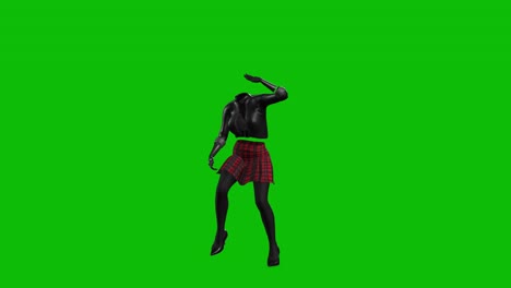 3D-invincible-woman-wearing-leather-jacket,-short-skirt-and-high-heels,-dancing-on-green-screen,-3D-animation