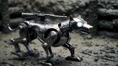 a gleaming mechanical dog navigates a rugged terrain, showcasing advanced robotics and weaponry, blending innovation with a rugged landscape in this engaging frame