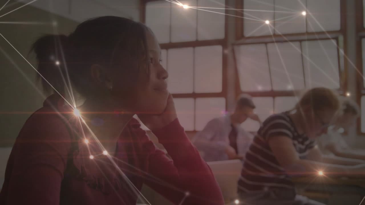 Female student writing notes activating node overlay for education as sunlight rising framing gaze