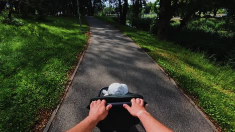 A point-of-view shot of a person pushing a stroller along a paved path in a green park. The stroller holds a child wearing a hat. The scene is calm, sunny, and surrounded by nature.