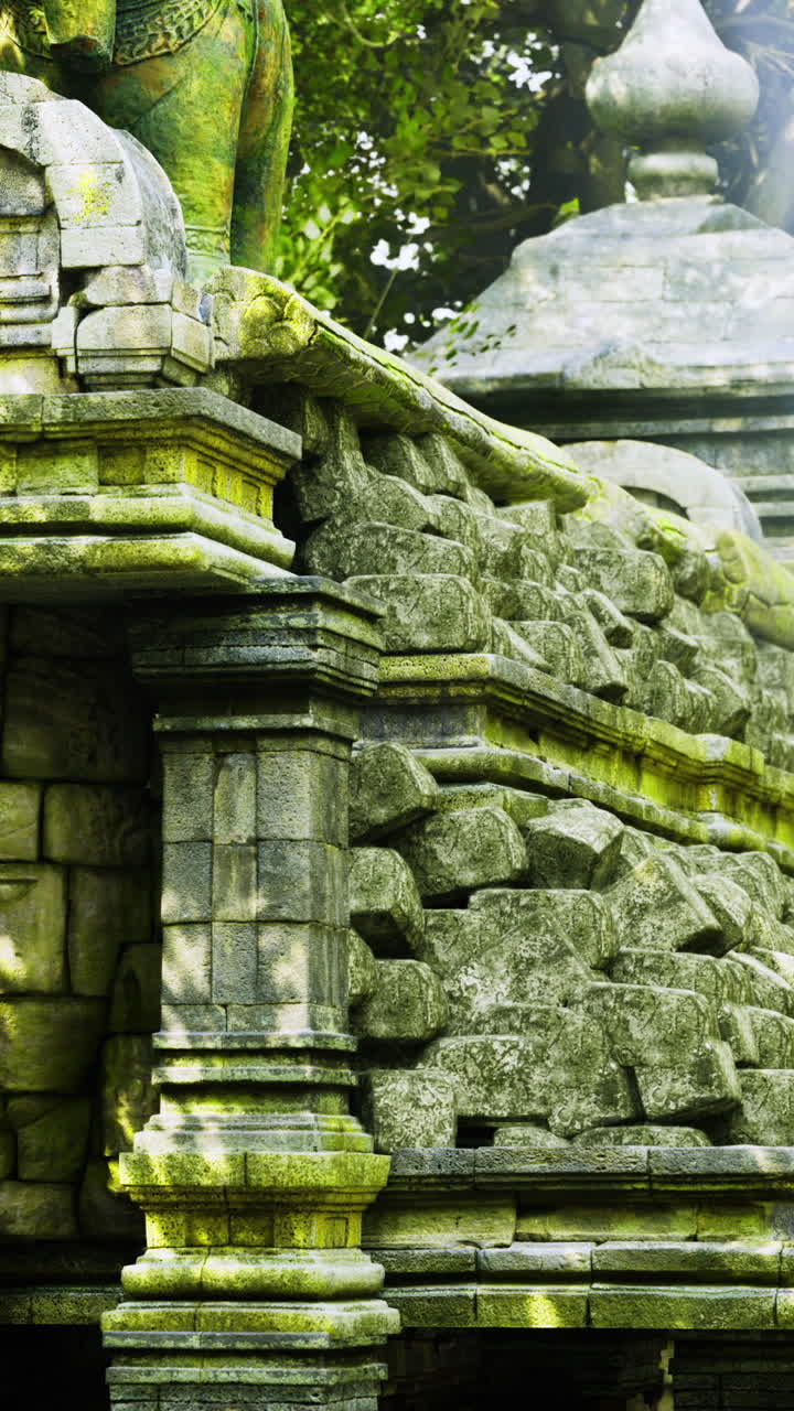 Ancient temple ruins surrounded by lush greenery and sunlight in forest