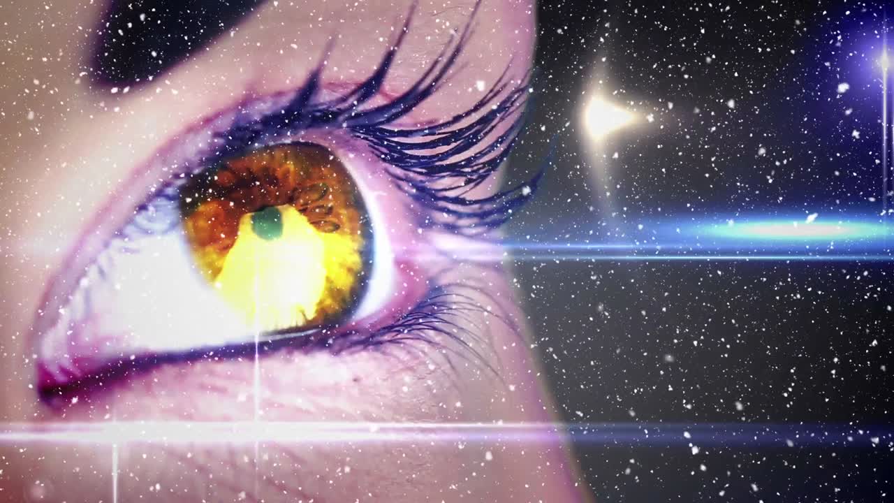 다채로운 눈의 클로즈업에 눈이 내리는 비디오 구성