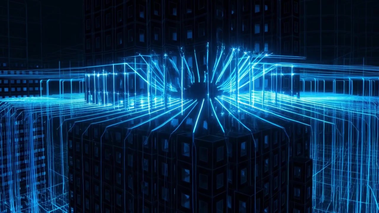 Digital Skyscraper Building with Glowing Circuit Board Data Connections