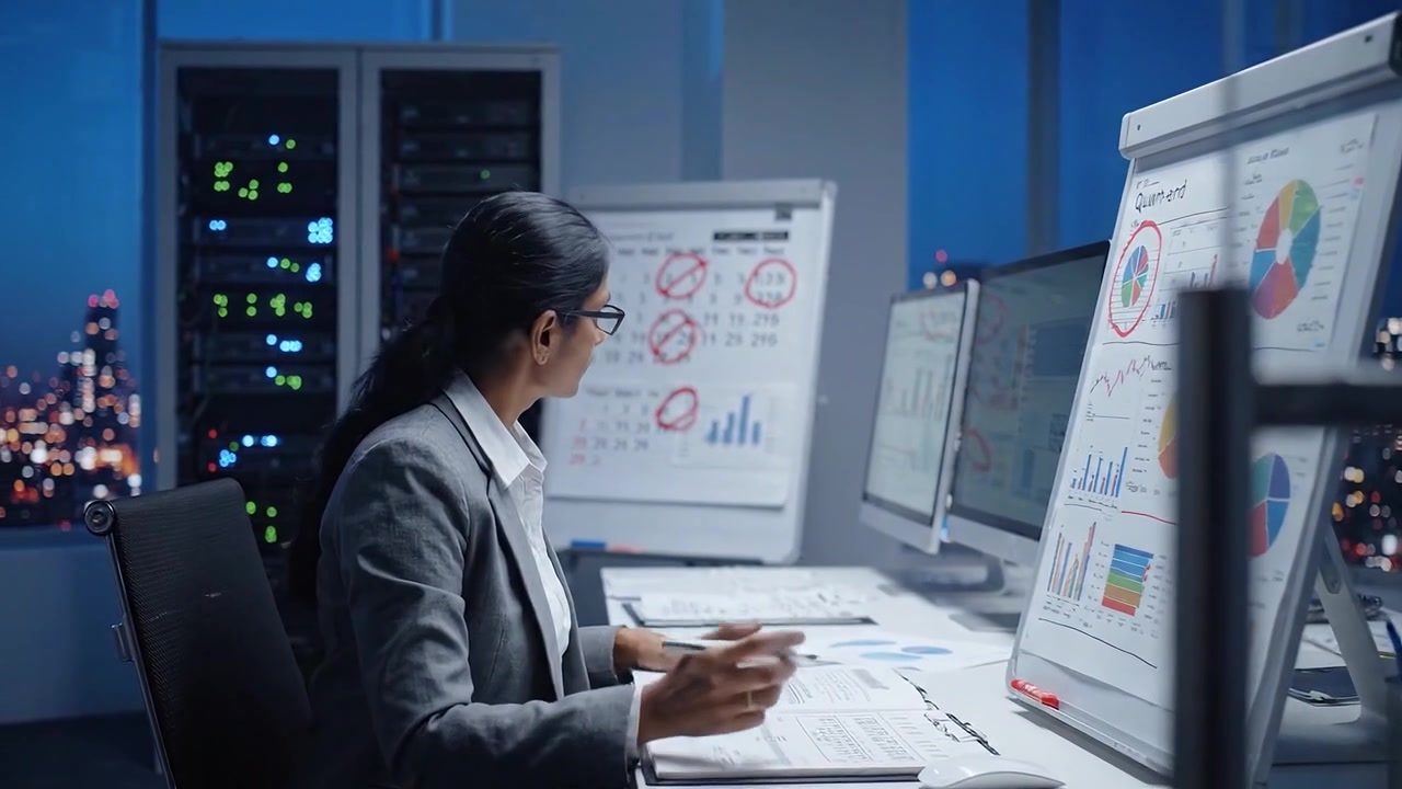 Focused professional reviewing data charts and graphs at a modern office desk, working late at night with city lights illuminating the background through the window.