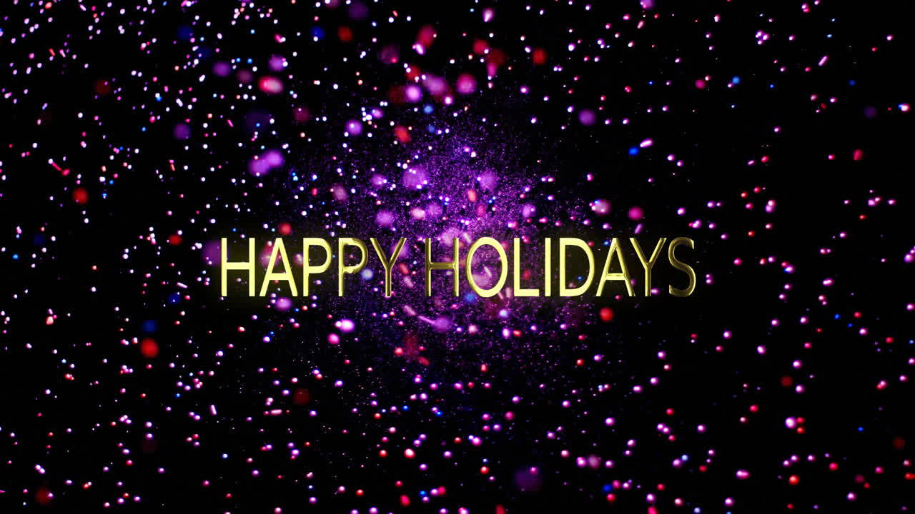 Happy Holidays text animation over colorful particles on black background