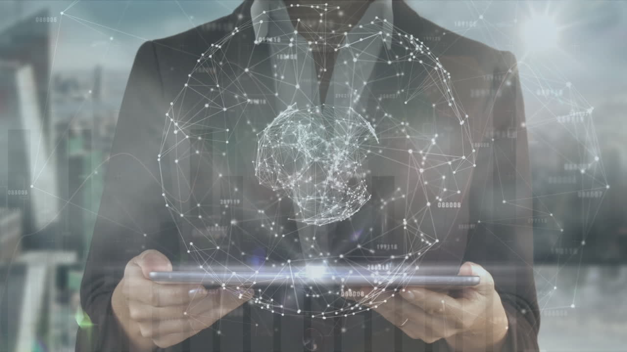 animación del procesamiento de datos sobre una mujer de negocios caucásica que usa una tableta