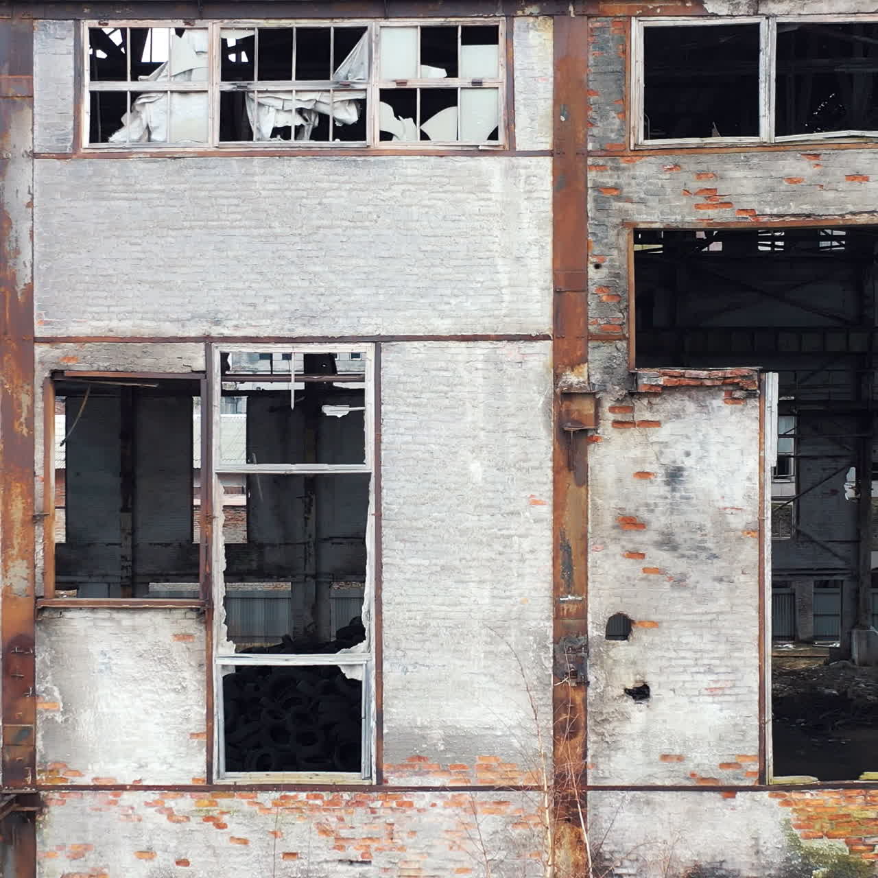 Ruins of an old factory. Old industrial building for demolition. Aerial view