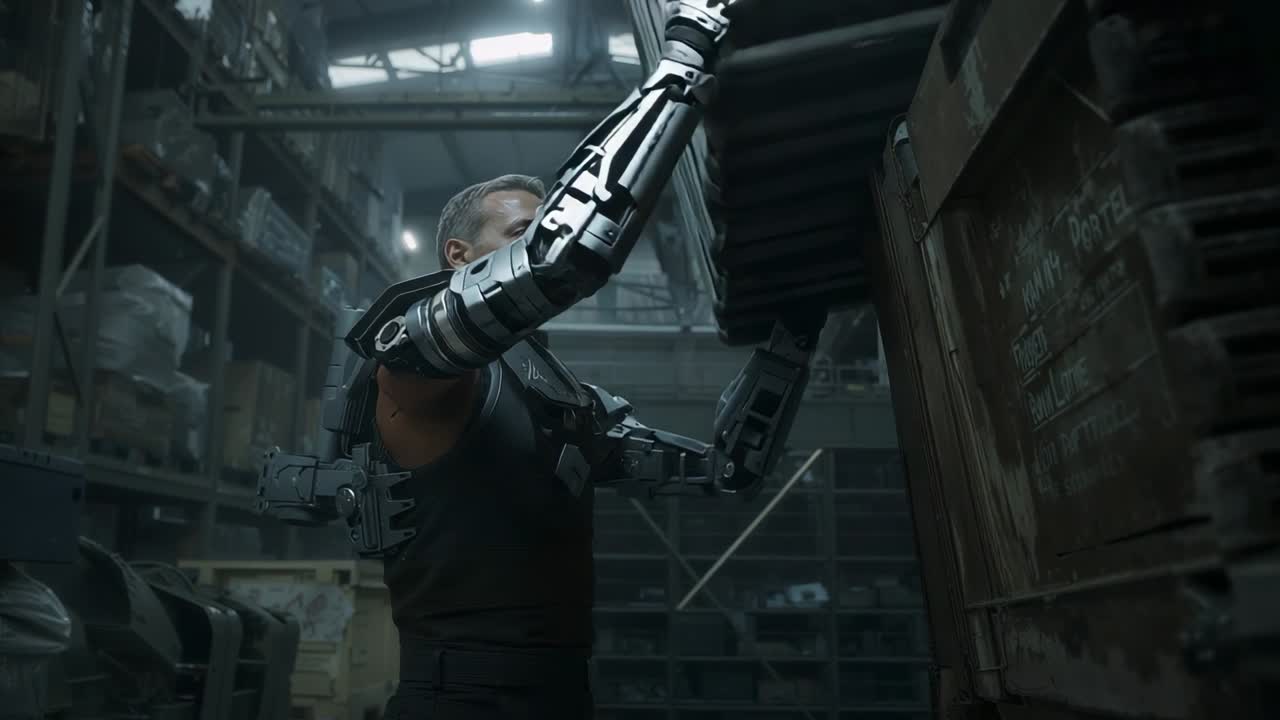 Checking markings man with bionic arms wearing harness pulling crate off warehouse shelf for stock