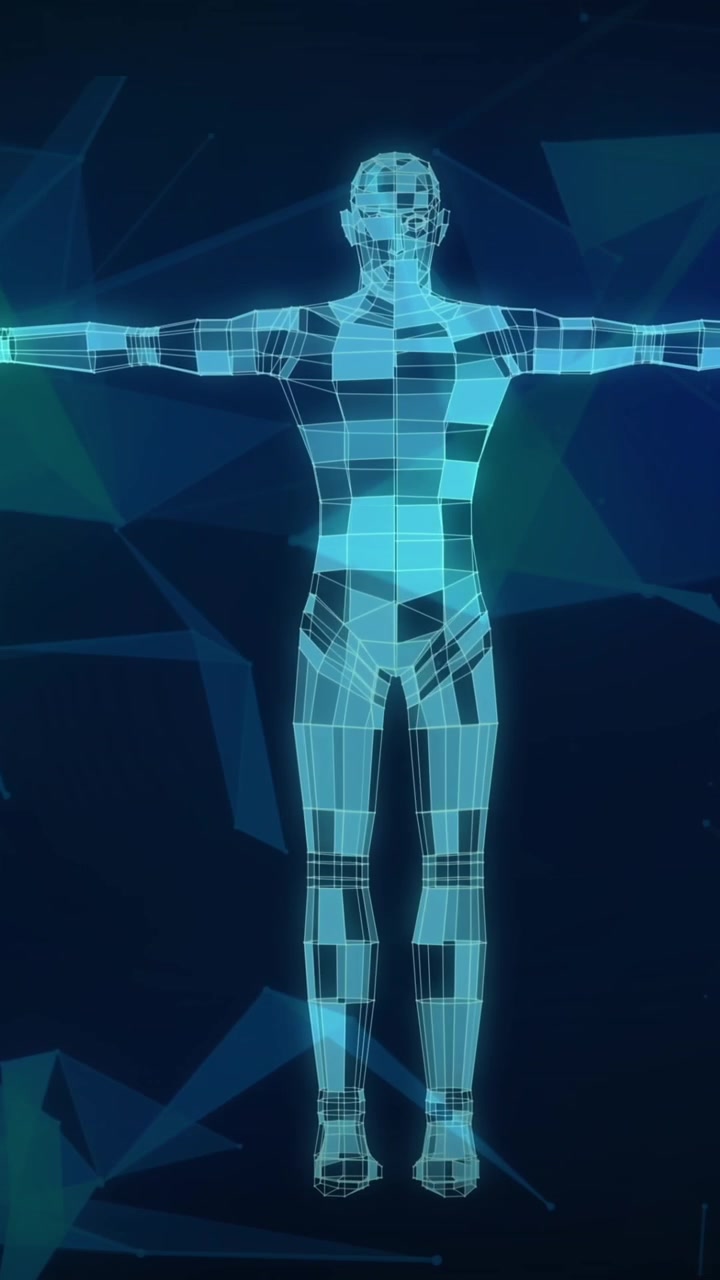 Animation of shapes and digital human over black background