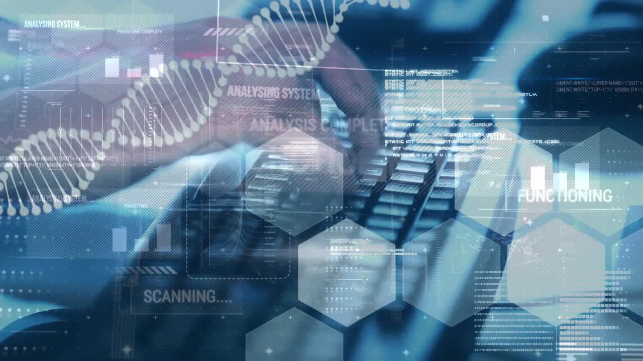 animación de adn y procesamiento de datos sobre las manos utilizando el teclado de la computadora