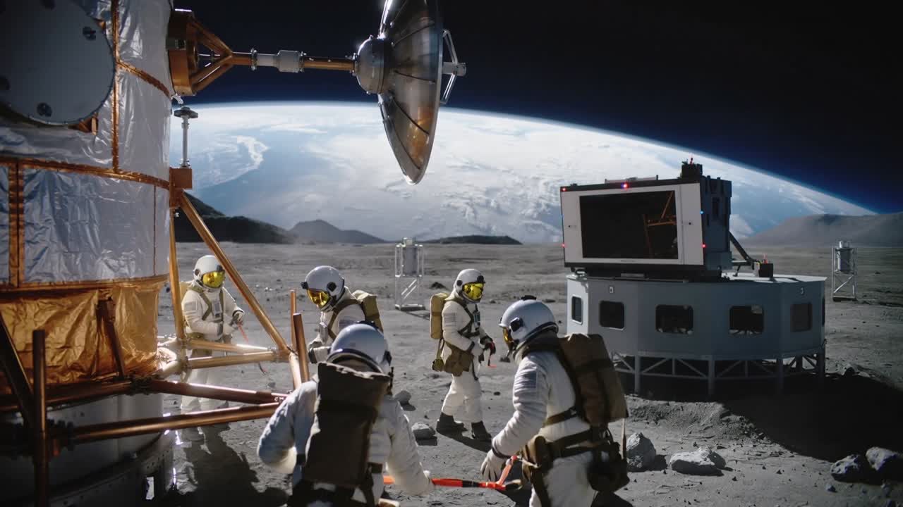 Recogiendo una muestra, astronautas agachados con trajes blancos transfiriendo una herramienta de mango rojo junto al módulo de aterrizaje.