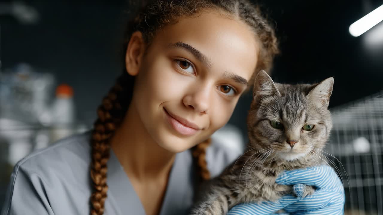 Compassionate Veterinary Care: A Young Veterinarian Providing Comfort to a Curious Cat in a Calm Clinic Environment