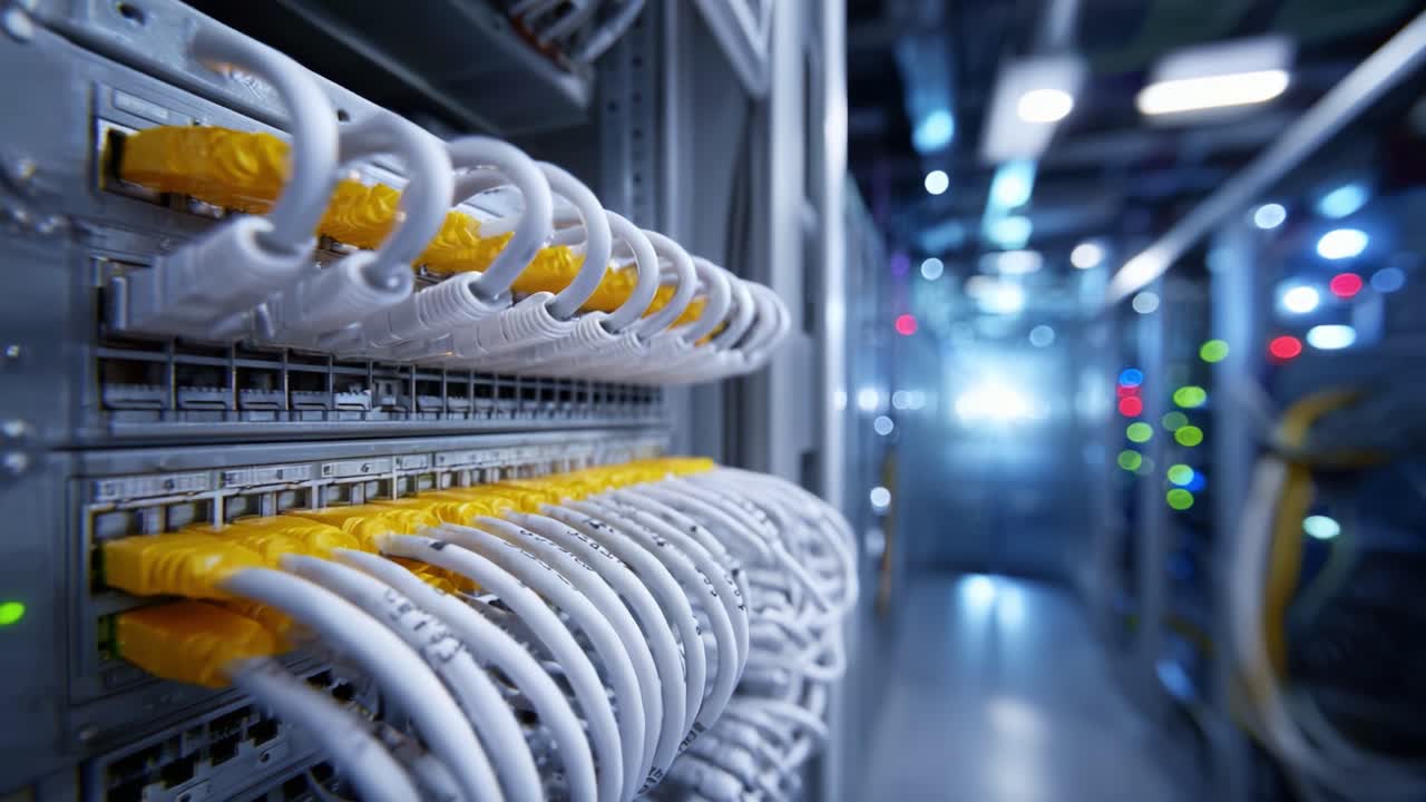 A Close-Up View of Network Cabling and Data Connections Inside a Modern Data Center, Highlighting the Intricate Wiring and High-Tech Infrastructure