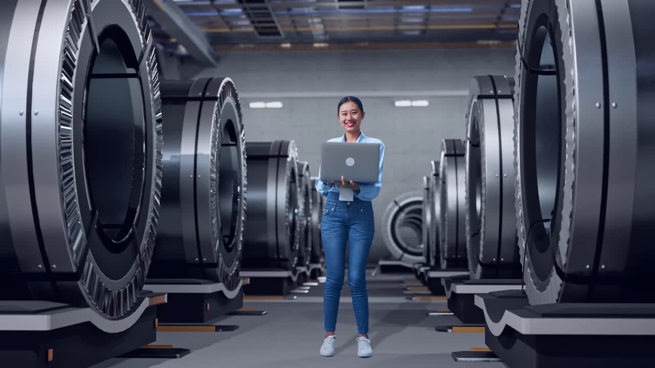 ingeniera con computadora portátil en una fábrica moderna