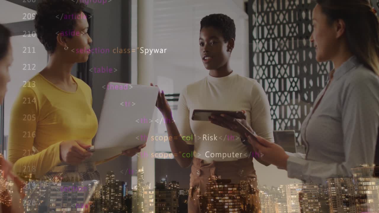 Animation of data processing and cityscape over diverse business people in office