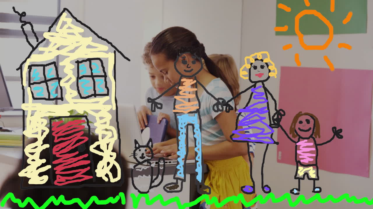 Children creating animation of family and house while drawing at school