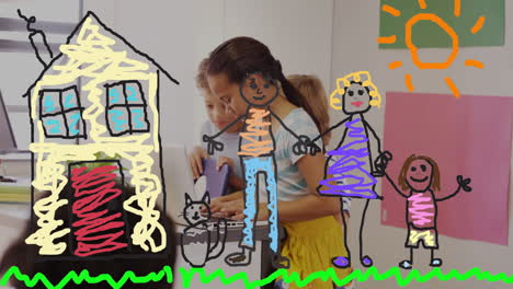 children creating animation of family and house while drawing at school