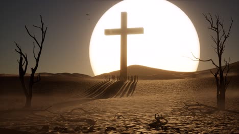 una enorme cruz de madera en el desierto con gente parada a su alrededor, árboles secos, ramas y hojas esparcidas por todas partes, y una gran animación 3d al atardecer
