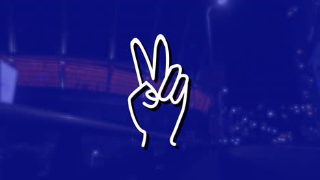 animación del icono de la mano sobre el paisaje urbano por la noche sobre fondo azul