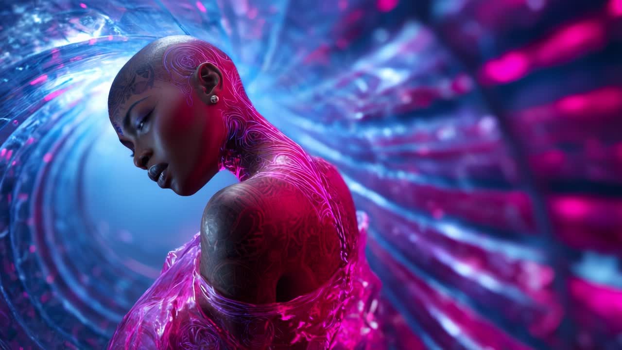 A captivating bald model with intricate body art is framed beautifully against a vibrant, swirling backdrop of colorful lights and patterns, creating a stunning visual masterpiece