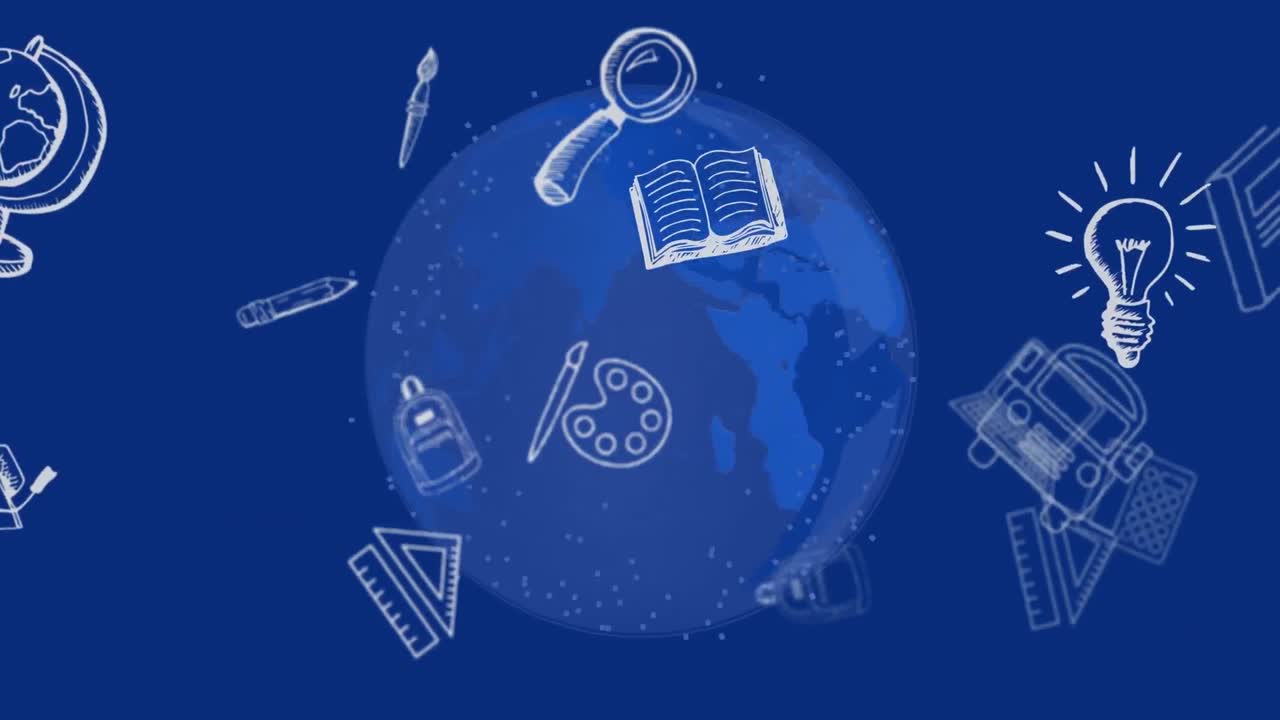 Animation of school icons floating over blue globe and blue background