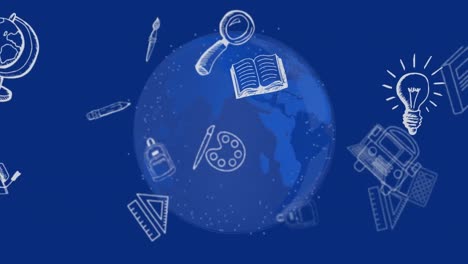 animation of school icons floating over blue globe and blue background