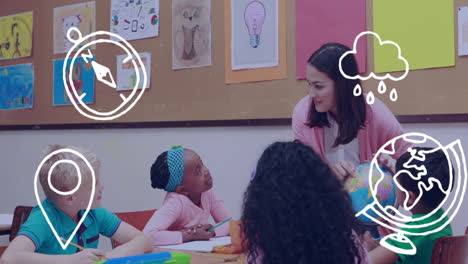 animación de iconos de artículos escolares sobre una maestra caucásica con diversos escolares hablando