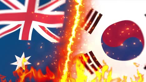 australia versus south korea flag on fire loop animation