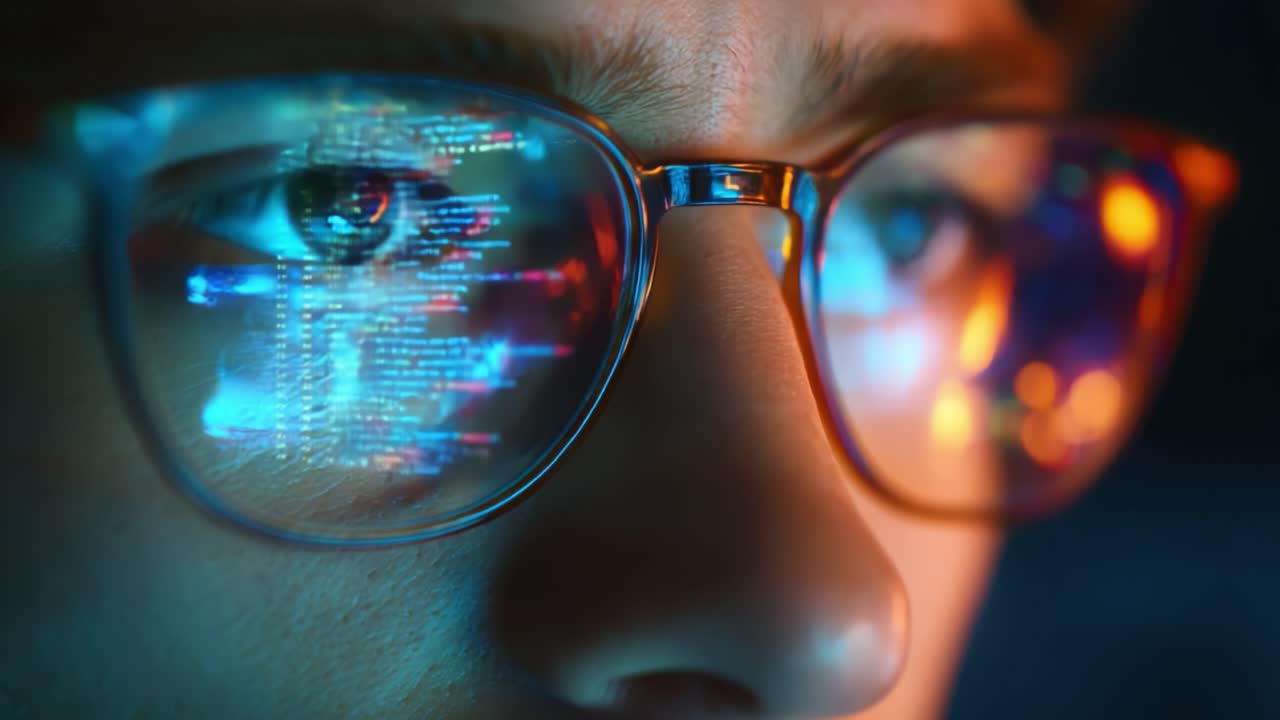 Intricate Coding Display Reflected in Glasses: A Close-Up of an Individual Deeply Engaged in Software Programming, Highlighting the Complexity of Digital Creation