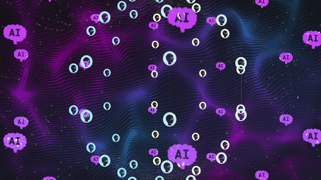 animación de un procesamiento de datos, iconos de chat y red de conexiones en senderos brillantes