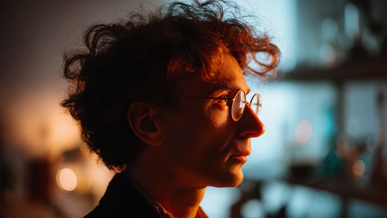 A thoughtful profile of a man with curly hair and glasses, illuminated by warm lighting, set against a backdrop filled with bottles and laboratory equipment