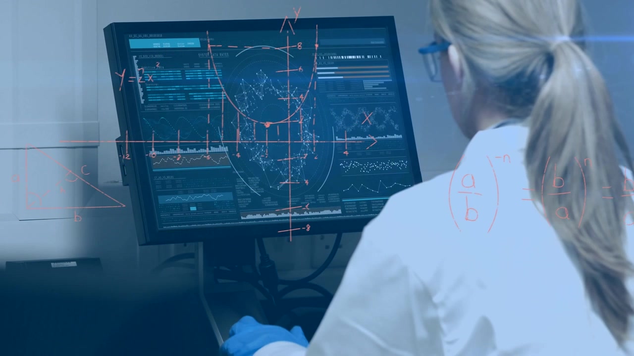 Animazione di una lavoratrice di laboratorio caucasica vista di spalle che usa un computer.