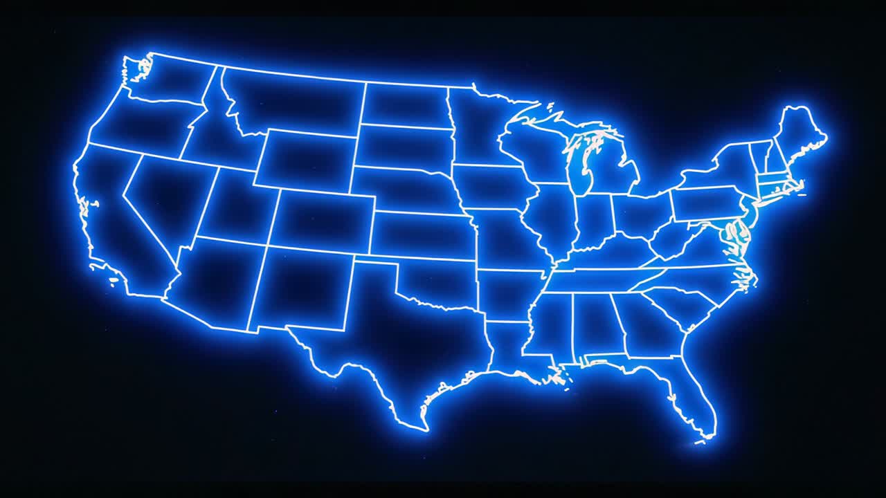 Starting neon-blue map pulsing glow across North Dakota, New England and Southeast states in void