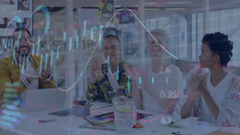 animation of financial data processing over diverse business people in office