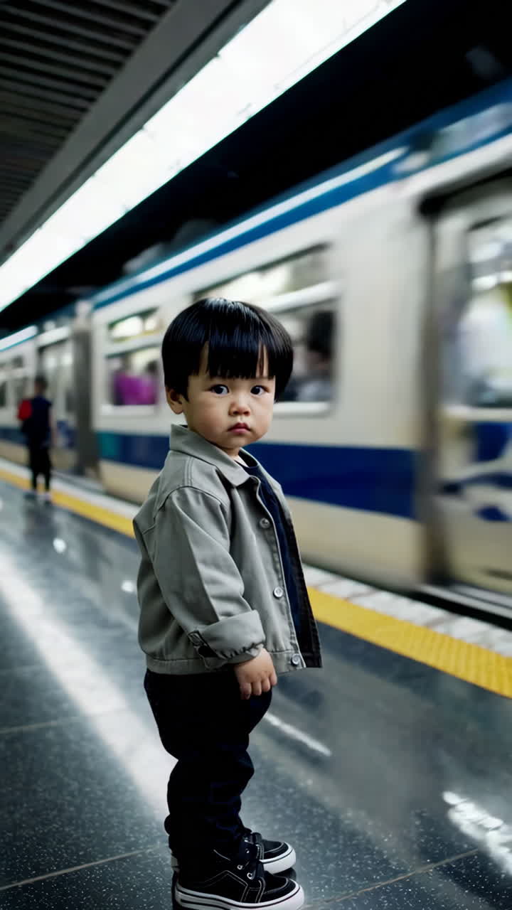 un niño lindo en la estación de metro