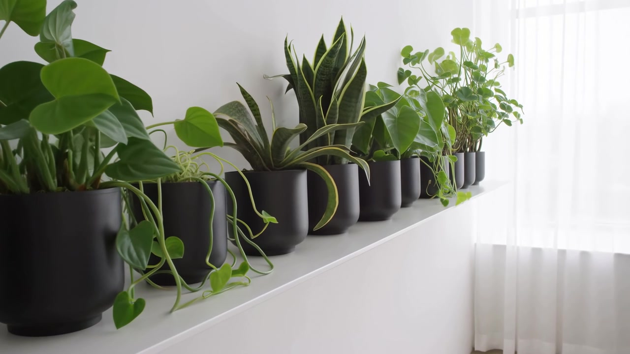 Una scena interna moderna e calma con rigogliose piante da interno verdi disposte in vasi neri lungo una mensola bianca accanto a una finestra luminosa con tende velate, creando un ambiente pulito e accogliente.