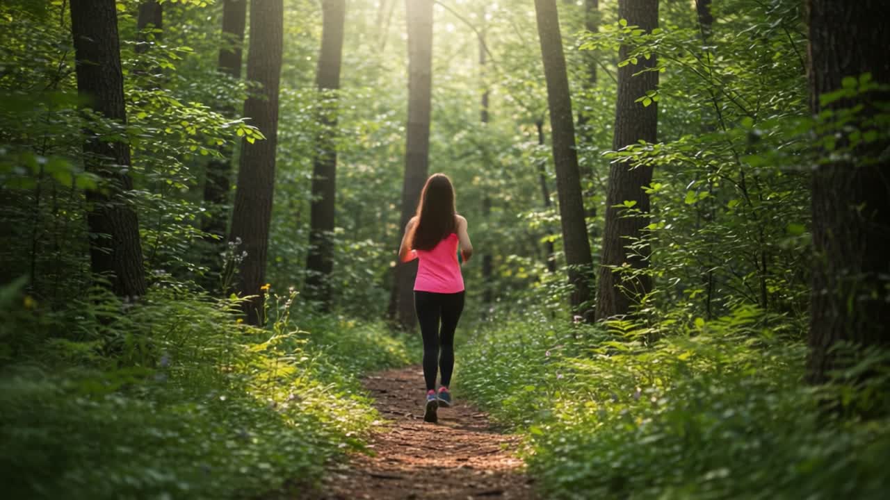 A Solo Jogger Embraces Nature: Capturing the Serenity of Running Through Lush Green Forest Trails Bathed in Morning Light