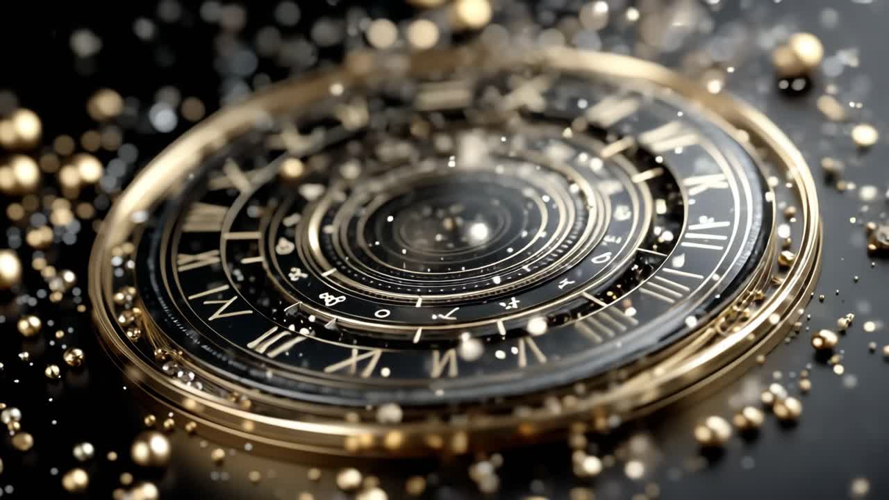 Intricate design of a cosmic clock face. Detailed cosmic clock face design with golden embellishments and sparkling particles against a dark background.